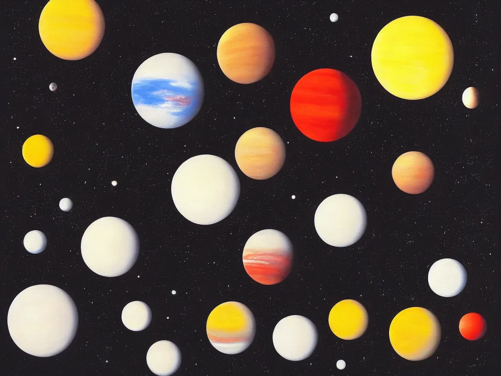 Image similar to A beautiful painting of five planets by Gioele Muscolino and Daniel Oxford, five planets that are black, white, yellow, red, and blue, behind the galaxy and the universe, Trending on artstation, By Emmanuel Lubezki