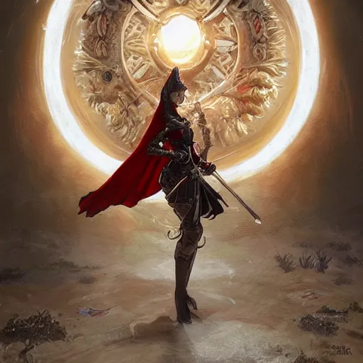 Image similar to a beautiful woman in a crimson cloak holding a glowing white spear and an obsidian shield, silver intricate armor, spotlight, ornate, realistic, cinematic lighting, sunbeams, volumetric lighting, epic pose, victorian, opulent, fantasy concept art, mohrbacher, beeple