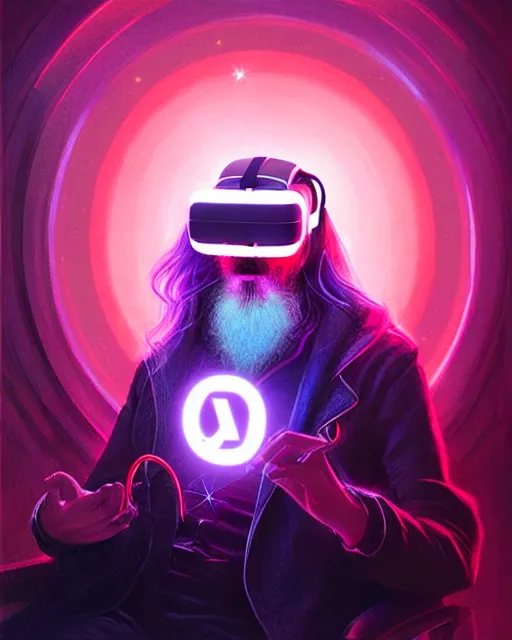 Image similar to portrait of cyber dumbledore wearing a vr set with lots of neon sitting in his room by greg rutkowski, perfect faces, fine details