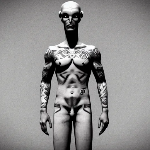 Prompt: a beautiful male alien god covered in tattoos, cinematic realistic, unreal engine 5