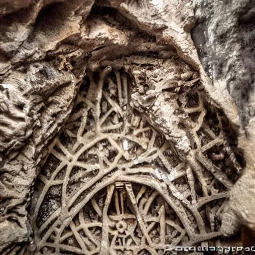 Prompt: art found in a cave on an alien planet, unique, strange, geometric, intricate details, photorealistic,