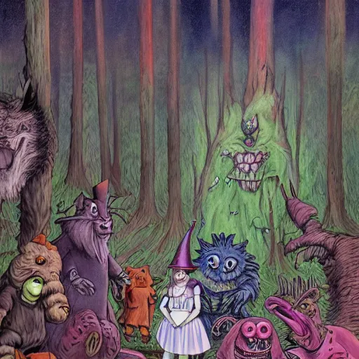 Image similar to a scene of colorful cartoon monsters in the clearing of a dark fantasy forest surrounded by darkness. hyperrealist illustration. muted colors. 1 9 7 0's pulp science fiction and fantasy cartoon for alice in wonderland and wizard of oz. highly detailed and richly colored painting by don ivan punchatz. trending on artstation