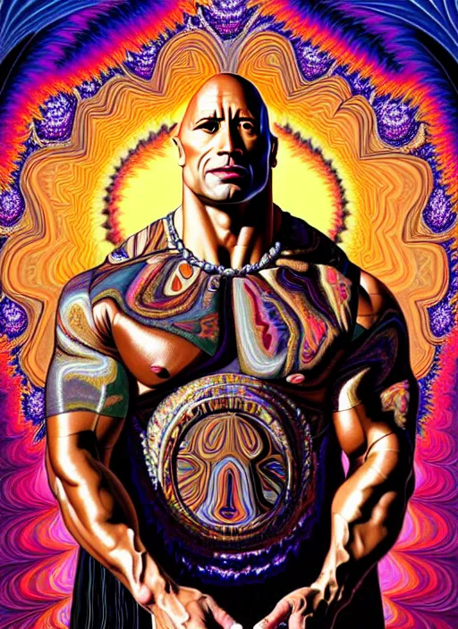 Image similar to beautiful oil painting, full length portrait of dwayne the rock Johnson in baroque coronation robes 1701, Dan Mumford, Dan Mumford, Alex grey, hyacinthe rigaurd, highly detailed , lsd visuals, dmt fractal patterns, visionary art, psychedelic art, ornate, vaporwave, baroque, Greg rutkowski