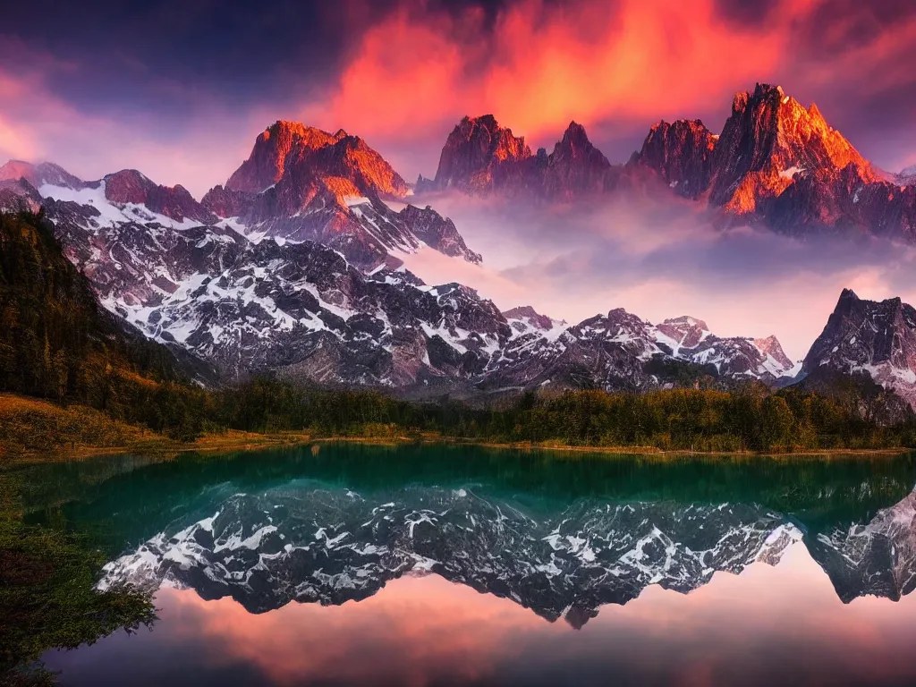 Image similar to amazing landscape photo of mountains with lake in sunset by marc adamus, beautiful dramatic lighting