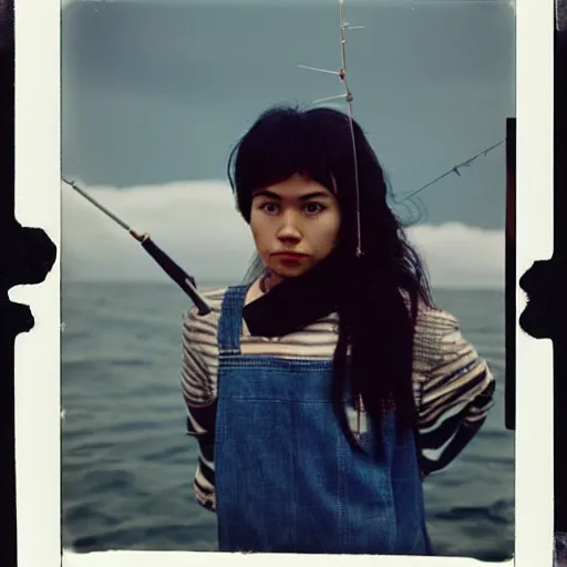 Prompt: black - haired girl with wild spiky black saiyan hair with long bangs over her eyes wearing double denim, standing on an alaskan fishing vessel, 1 9 6 5, polaroid, kodachrome, grainy photograph