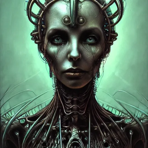 Prompt: a portrait of a beautiful biomechanical queen of necropolis, horror concept art by giger and beksinski and szukalski and wlop and pete mohrbacher, digital art, highly detailed, intricate, sci-fi, sharp focus, Trending on Artstation HQ, deviantart, unreal engine 5, 4K UHD image