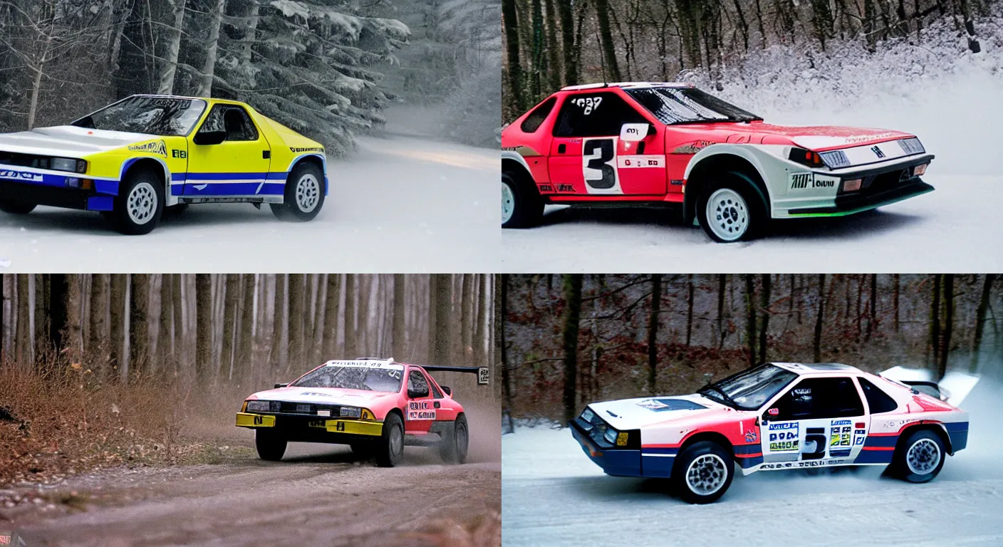 Prompt: a 1 9 8 8 mitsubishi starion esi - r, racing through a rally stage in a snowy forest