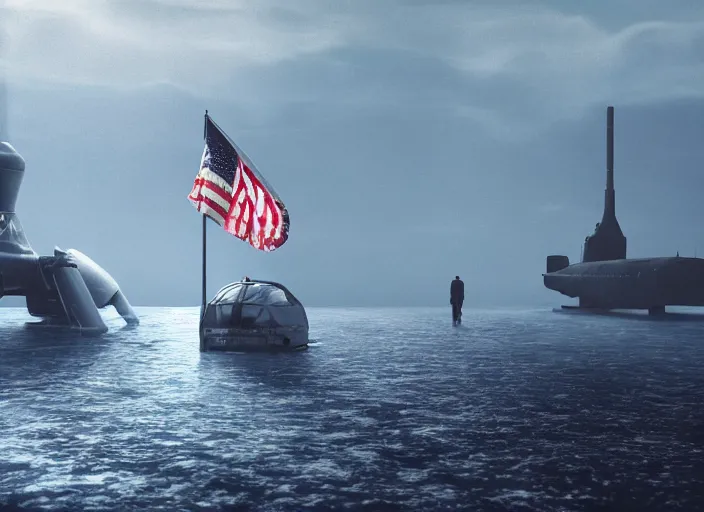 Image similar to astronaut holding a flag in an underwater desert. a submarine is visible in the distance. dark, concept art, cinematic, dramatic, atmospheric, 8 k, trending on artstation, blue, fish, low visibility, fog, ocean floor, christopher nolan, interstellar