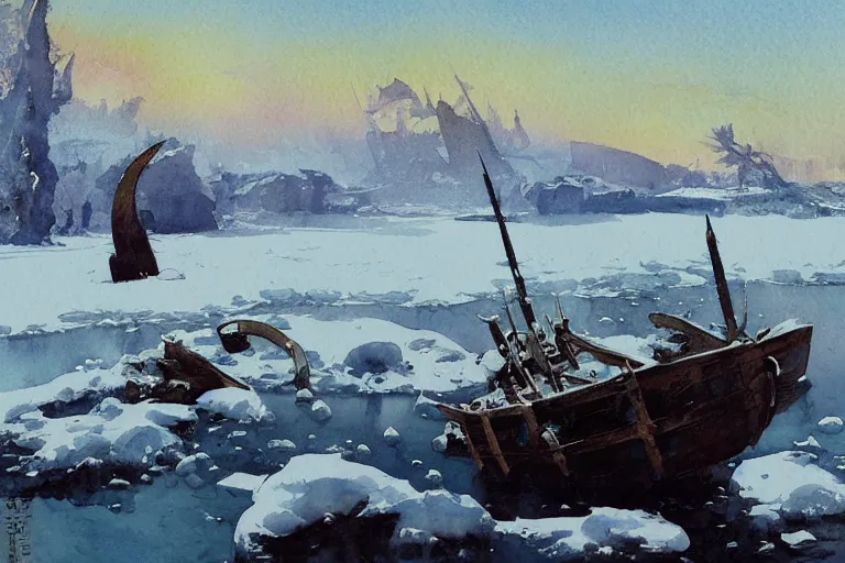 Prompt: small centered on watercolor paper, paint brush strokes, abstract watercolor painting of ancient viking wreck in frozen lake in snow, daylight, blue sky, cinematic light, national romanticism by hans dahl, by jesper ejsing, by anders zorn, by greg rutkowski, by greg manchess, by tyler edlin