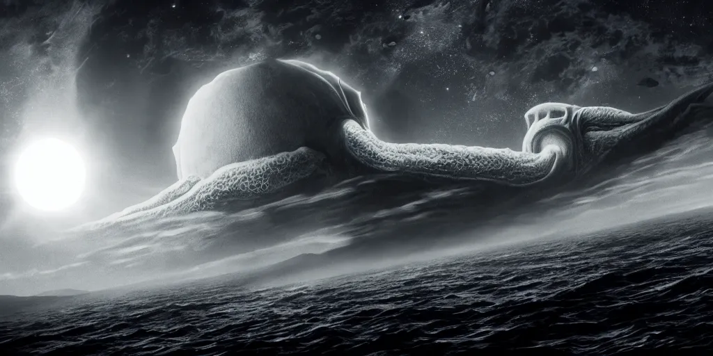 Prompt: giant Cthulhu silhouetted on horizon, photorealistic, wide-angle, long shot, epic, space from the moon, spaceship, thruster