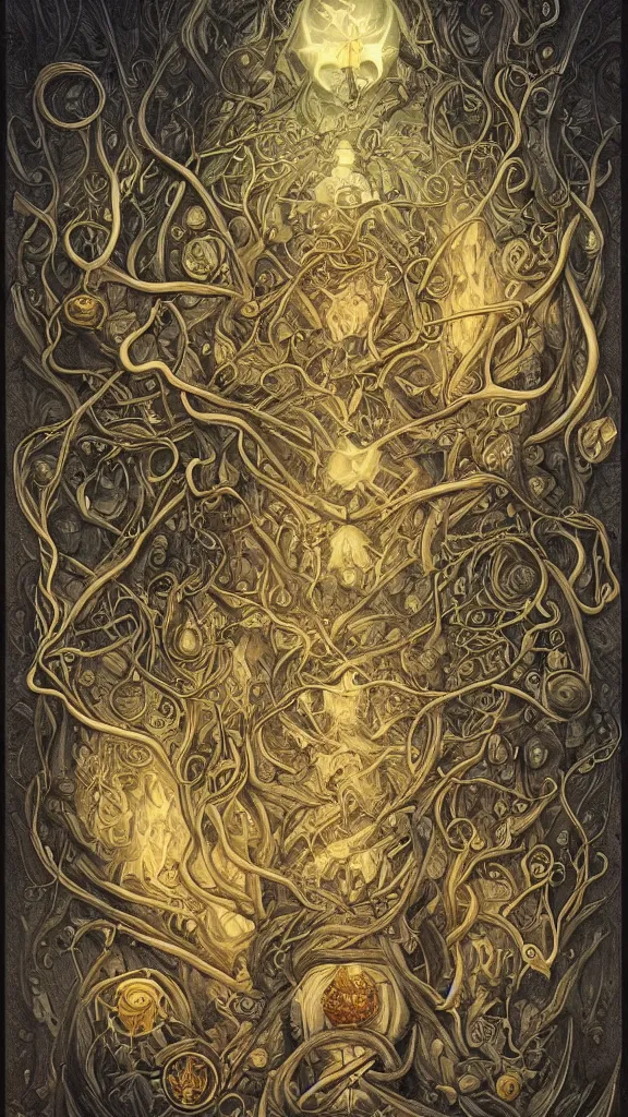 Prompt: cannabis, holy, symmetrical, symmetry, sandstone, gold, black vines, bandages, trychomes, god, detailed intricate ink illustration, symbols of the afterlife, tarot card with ornate border frame, dark atmosphere, by Peter Mohrbacher, complementary colors