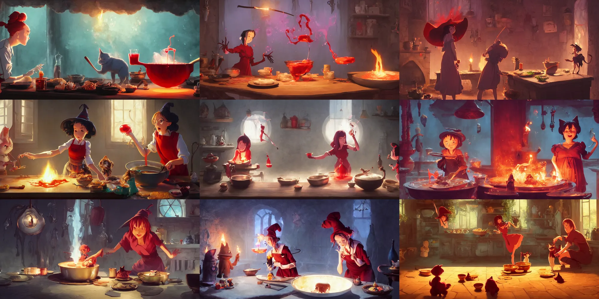 Prompt: a wholesome animation key shot of a witch cooking a magic point in her cauldron of bubbling red liquid as her cats watch, medium shot, waist up, studio Ghibli, Pixar and Disney animation, sharp, Rendered in Unreal Engine 5, anime key art by Greg Rutkowski, Bloom, dramatic lighting, J. C. Leyendecker