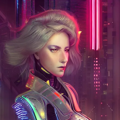 Image similar to portrait futuristic cyber warrior girl goddess, in future cyberpunk tokyo rooftop, ssci - fi, fantasy, intricate, very very beautiful, elegant, neon light, highly detailed, digital painting, artstation, concept art, smooth, 8 k, sharp focus, illustration, art by alphonse mucha and tian zi and wlop