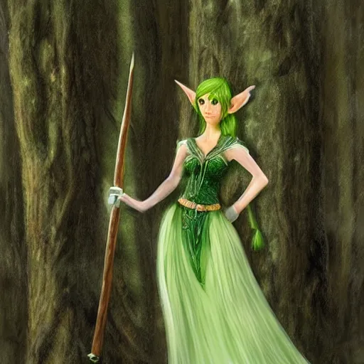 Image similar to a realistic portrait of a female elf with a long withe and light green dress holding a scepter walking in the woods , perfect and hyper datailed face, wild face , detailed trees