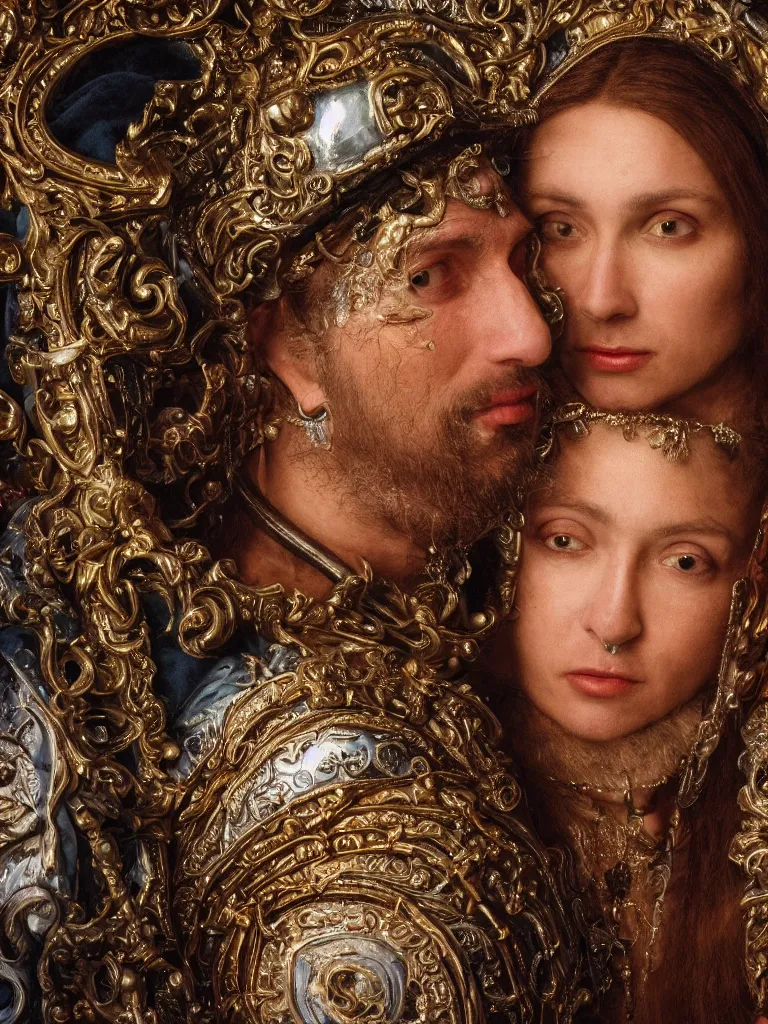 Image similar to a high-resolution color-chrome extreme closeup portrait photo of a medieval priest, kissing a incredible elegant pale renaissance rococo Queen, with ornate jewelled, rococo Queen, sci-fi, high-tech, beautiful low light, style Steve McCurry Octane render 8k