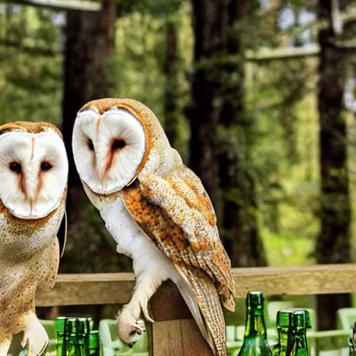 Prompt: barn owls drinking beer from a can in a forest made op fresh hops