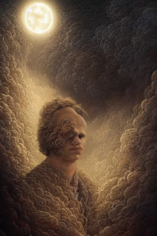 Image similar to intricate stunning highly detailed portrait of gerard quintana, digital painting by agostino arrivabene and vladimir kush, surreal, ultra realistic, horror vacui, dramatic lighting, full moon, thick black swirling smoke tornado, burning fire embers, artstation