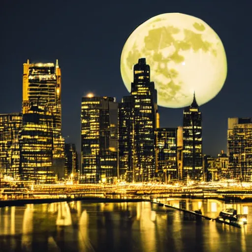 Prompt: A beautiful city night scene of a bright moon shining on the lights of the city