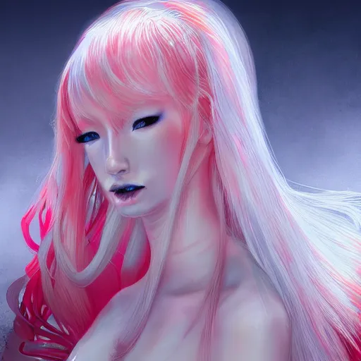 Image similar to albino maiko as a mermaid with very long hair, red and white neon, concept art, intricate details, highly professionally detailed, cgsociety, highly detailed -