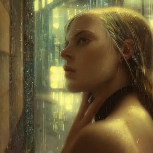 Image similar to detailed face of a woman, moment, cyberpunk cloisters, electronic billboards, tech noir, wet reflections, atmospheric, ambient, livia prima, greg rutkowski, edward hopper