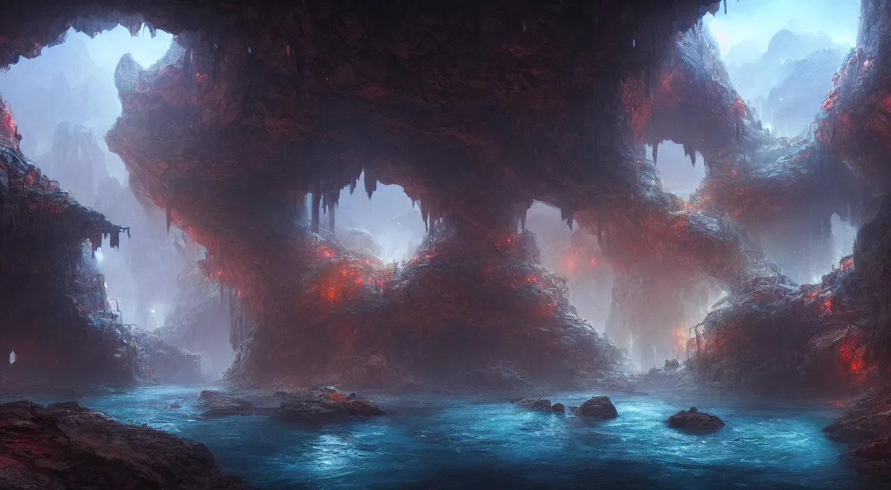 Prompt: A highly detailed 4K fantasy matte painting of city inside cave built around a long river. ArtStation, CGSociety, Unreal Engine, concept art, red and blue color scheme.