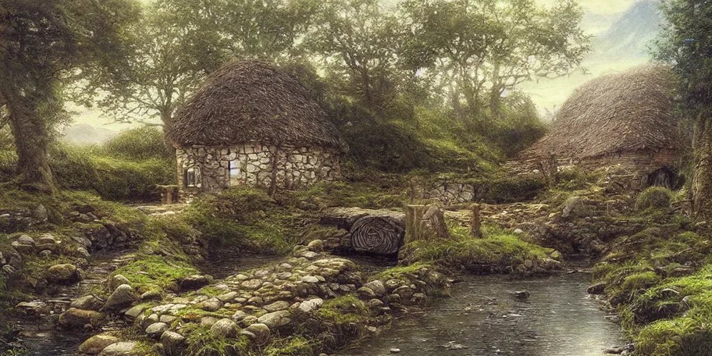 Image similar to a small serene fantasy village on the edge of the woods, small stream, water wheel, by alan lee, lord of the rings, smooth, detailed terrain, oil painting, matte painting, concept art, trending on artstation