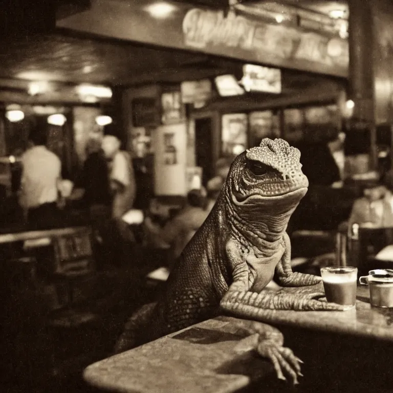 Prompt: Sepia medium shot shallow depth of field hyperrealistic street photography of an aging Lizard Kaiju wearing a fancy suit drinking a Mai Tai in a dark dive bar by Lisette Model by Diane Arbus in 1957, grainy shocking detail hyperrealistic trending on artstation