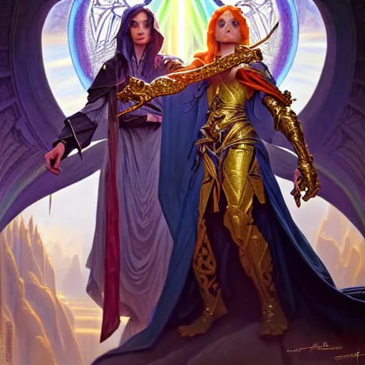 Image similar to painting of powerful stylish sorcerer and a cleric banishing the darkness and its abominations with a rainbow spell, ultra realistic, concept art, intricate details, eerie, highly detailed, photorealistic, octane render, 8 k, unreal engine. art by artgerm and greg rutkowski and magali villeneuve and alphonse mucha