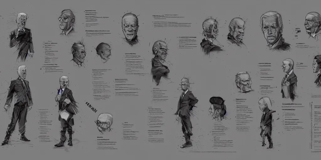 Image similar to joe biden, character sheet, concept design, contrast, kim jung gi, greg rutkowski, zabrocki, karlkka, jayison devadas, trending on artstation, 8 k, ultra wide angle, pincushion lens effect