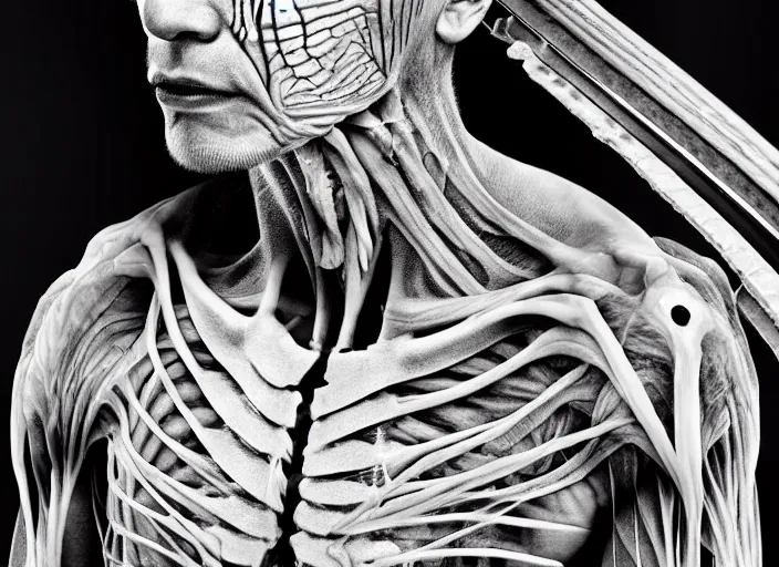 Prompt: mid shot portrait of samurai with translucent skin, visible bones and muscle and veins and nerves and internal organs, in the style of david cronenberg, high fashion, id magazine, realistic, sharp focus, 8 k high definition, film photography, photo realistic, insanely detailed, by david kostic and stanley lau and artgerm