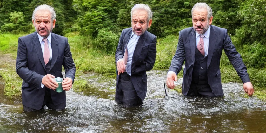 Image similar to alan sugar drinking from a stream