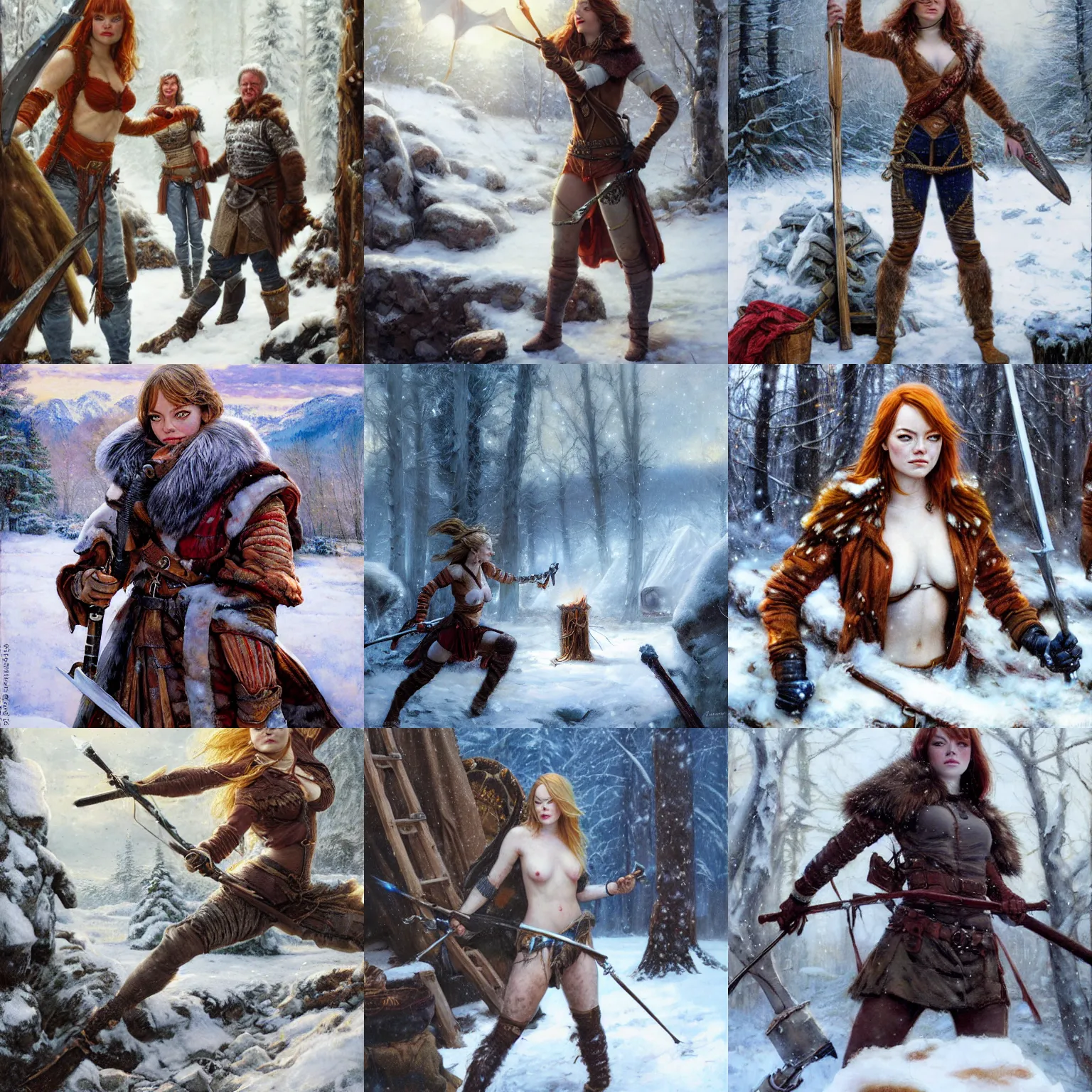 Prompt: portrait of Emma Stone as a muscled warrior setting up camp in warm clothes, snowy winter scene, Donato Giancola, Mark Brooks, Ralph Horsley, Charlie Bowater, Artgerm, Christopher Balaskas, Bastien Lecouffe-Deharme, Boris Vallejo