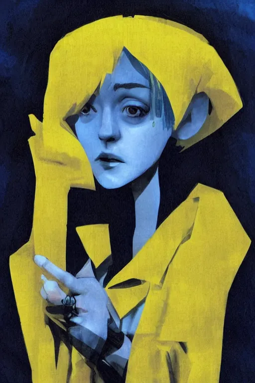 Image similar to Dakota Fanning with short blue hair wearing a yellow trenchcoat by Dave McKean