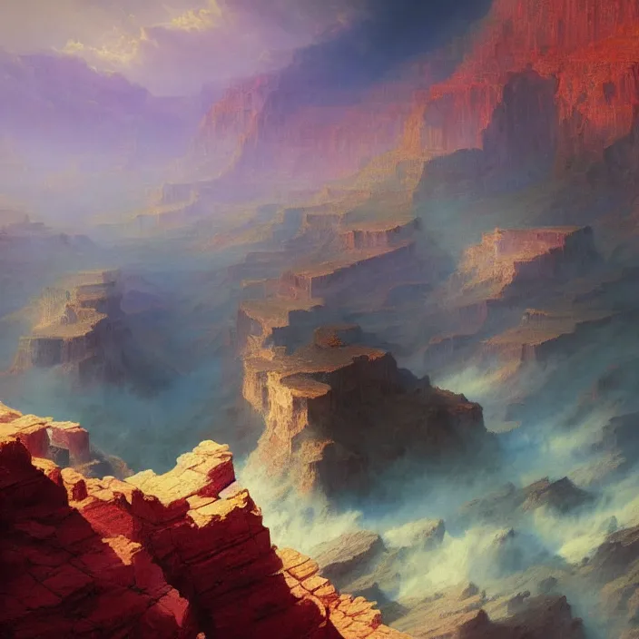 Image similar to a beautiful painting of a grand canyon by ivan aivazovsky and zdzisław beksinski and rene magritte and greg rutkowski and james gurney, in style of digital art. hyper detailed, sharp focus, soft light. octane render. ray tracing. trending on artstation