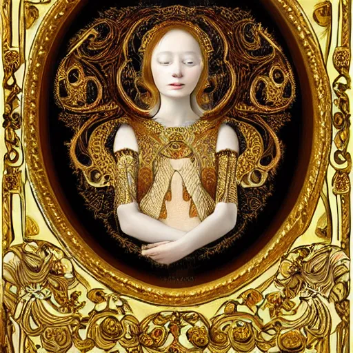 Image similar to a beautiful girl made of ivory and gold, highly intricate, digital art, very detailed, in the style of a weird and dark art noveau flemish painting