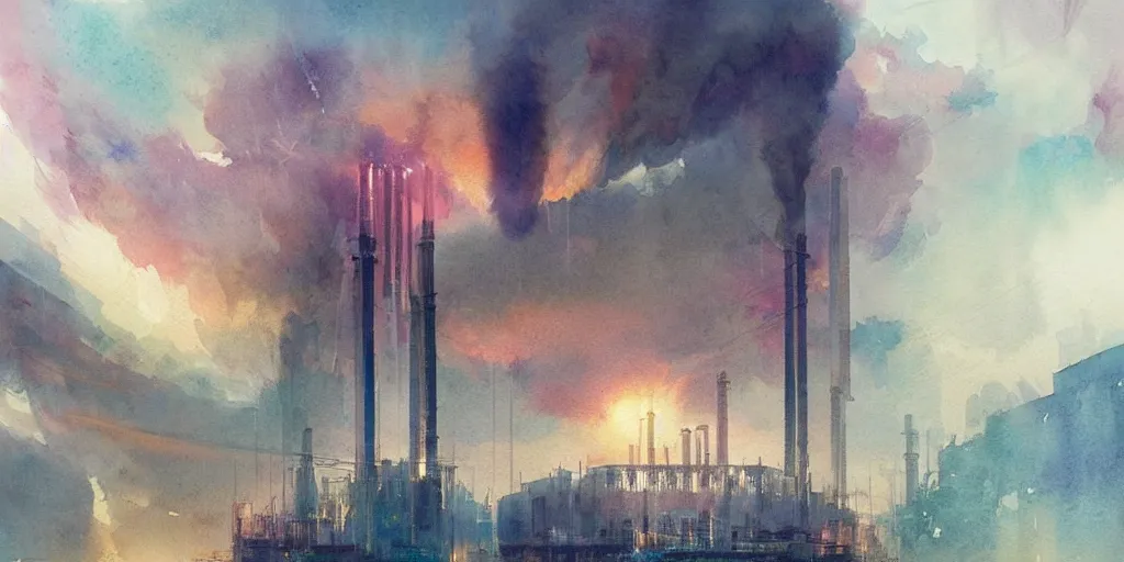 Prompt: a beautiful insanely intricate watercolor illustration of modern nuclear power station, reflexions, colorfull, by william turner art, by greg rutkowski, by james jean, by rossdraws, by frank franzzeta, by sakimichan, by edmund dulac, trending on artstation, insanely detailed, masterpiece,