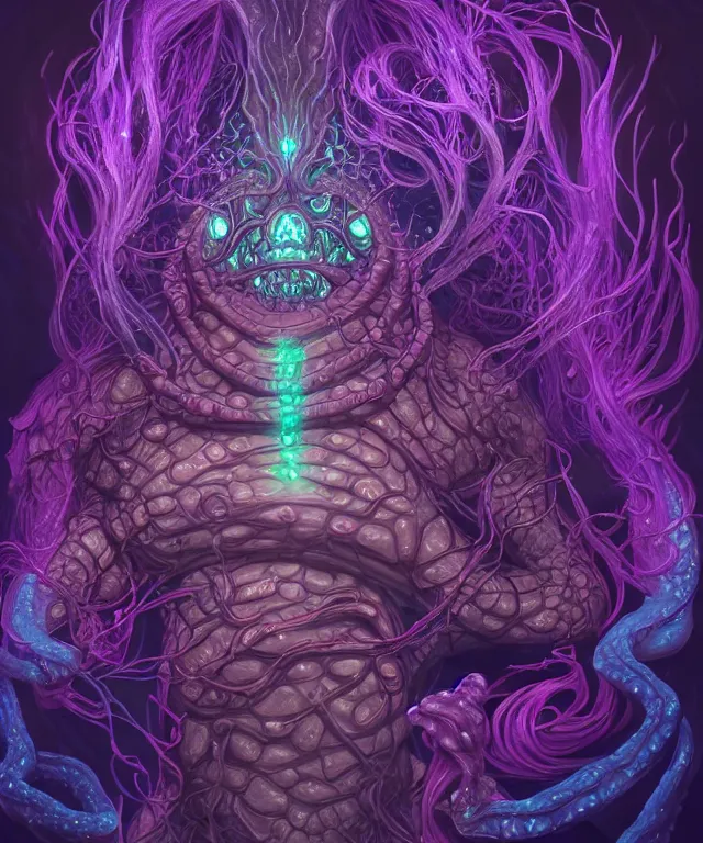 Image similar to a xanathar made of bioluminescence slimy skin, fantasy, elegant, crisp 8 k line art, digital painting, artstation, unreal engine, octane render, emissive lighting, concept art, matte, sharp focus, hyper realistic lighting, illustration, deep royal blue and pink color scheme, art by shintaro kago