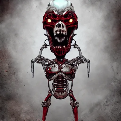 Image similar to gruesome, sci - fi, polychaeta, undead cyborg torso, doom, dino, baboon, red, white