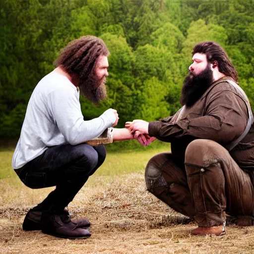 Image similar to a realistic photo of a large bearded man kneeling, being knighted by a king