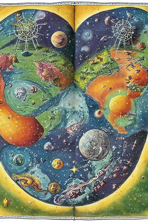 Image similar to a book open to a map of another galaxy, in the style of the codex seraphinianus