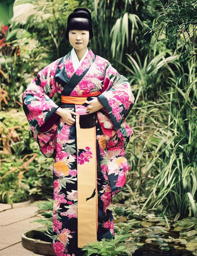 Prompt: fashion full-length photograph of a beautiful Japanese woman wearing a traditional kimono in an tropical greenhouse, by Annie Leibowitz, extremely detailed, large format camera, Fuji Provia film, 85mm lens, bokeh blurred background, photorealistic, trending on instagram, trending on artstation