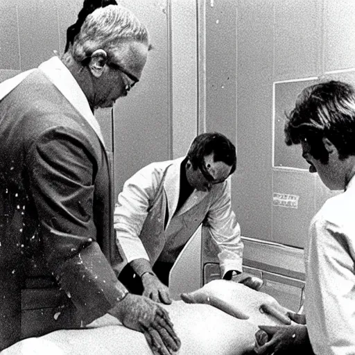 Image similar to doctors performing an autopsy on a dead alien in a white room, black and white photo