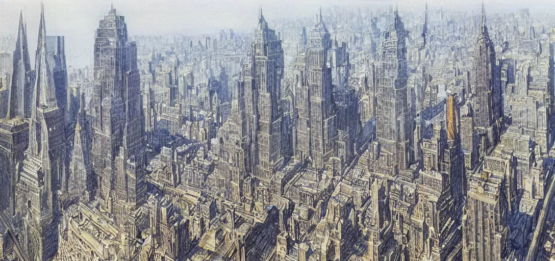 Image similar to Futuristic landscape of New York City in the year 2050 by Alan Lee