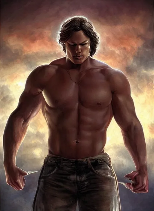 Image similar to beautiful! Sam Winchester as a muscular angel starring a urban fantasy romance book cover, D&D!, fantasy style, sharp focus!, ultra detailed, art by Artgerm and Peter Andrew Jones, WLUP