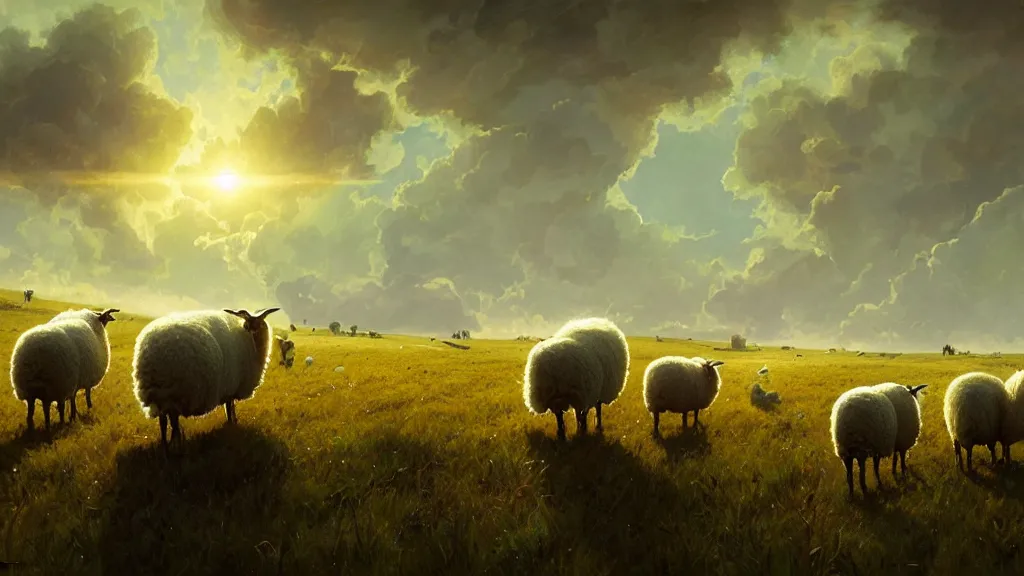 Prompt: sheep in a field being abducted by aliens, highly detailed, digital painting, artstation, concept art, smooth, sharp focus, illustration, art by simon bisley and greg rutkowski and alphonse mucha