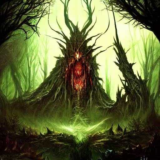 Prompt: Dark Fantasy art depicting a monstrosity in a wooded expanse at the base of Yggdrasil being attacked by a fantasy warrior, Distant View, in the style of Magic The Gathering Kalheim by Daarken. digital fine art. intricate design, vibrant