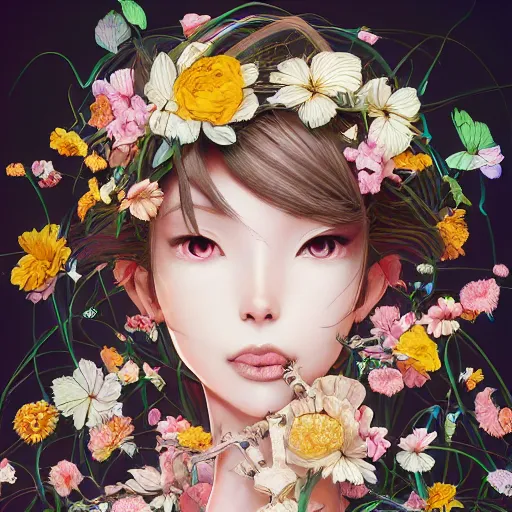 Image similar to the portrait of an absurdly beautiful, graceful, and elegant anime woman made of bananas and petals, an ultrafine detailed illustration by kim jung gi, irakli nadar, rossdraws, intricate linework, bright colors, final fantasy, behance contest winner, angular, unreal engine 5 highly rendered, global illumination, radiant light, detailed and intricate environment