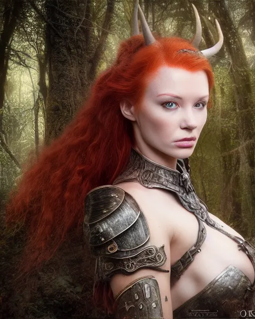 Image similar to 5 5 mm portrait photo of an armored redhead woman warrior, and horns growing from her head, in a magical forest. by luis royo. highly detailed 8 k. intricate. lifelike. soft light. nikon d 8 5 0. cinematic post - processing