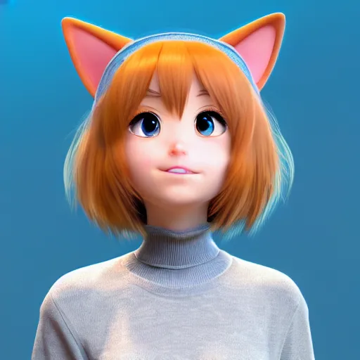 Prompt: new pixar character as an anime girl wearing cat ears, catgirl, highly detailed, extremely high quality, hd, 4 k, 8 k, professional photographer, 4 0 mp, lifelike, top - rated, award winning, cinematic, realistic, detailed lighting, detailed shadows, sharp, no blur, edited, corrected, trending