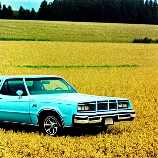 Image similar to A photograph of a beater faded Powder Blue Dodge Aspen (1976) in a farm field, photo taken in 1989